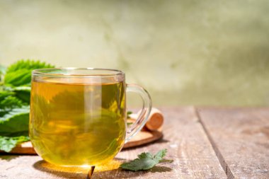 Nettle Tea sıcak bitkisi şeffaf cam bardakta içecek. Organik doğal bitkisel çay kafeinsiz, organik çiğ ısırgan otu yapraklarıyla yapılır. Alternatif bitkisel ilaç. Isırgan otu, urtica.