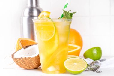 Orange coconut lemonade mojito drink, summer iced cocktail, mocktail with fresh fruit and juices clipart