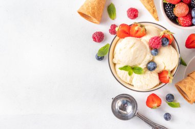 Vanilyalı dondurma kasesi ve taze böğürtlen. Klasik vanilyalı dondurma, çilek, ahududu, böğürtlen, böğürtlen ve kremalı dondurma.