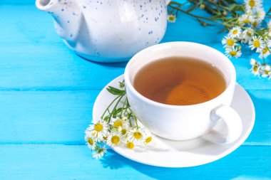 Bitkisel organik papatya çayı ve taze vahşi yaz papatya çiçekleri, beyaz fincanda, çaydanlık kopyasıyla birlikte.