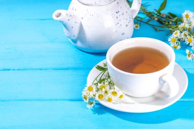 Bitkisel organik papatya çayı ve taze vahşi yaz papatya çiçekleri, beyaz fincanda, çaydanlık kopyasıyla birlikte.