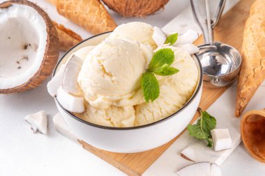 Vejetaryen kremalı hindistancevizli dondurma. Klasik hindistan cevizi aromalı, sütsüz vejetaryen dondurmalı, hindistan cevizi sütlü, dondurulmuş yaz tatlılı bir kase.