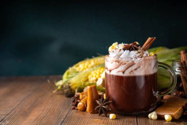 Meksika Champurrado 'su, atole de kakao. Mısır, çikolatalı sıcak baharatlı ve tarçınlı içecek. Geleneksel Latin Amerika İçeceği, Dia de Muertos, Cinco de Mayo, Noel yemeği