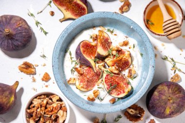 Kremalı ve lezzetli yoğurtlu tatlı, sonbahar inciri, granola, bal, fındık. Sağlıklı dengeli atıştırmalık ya da kahvaltı kasesi, kopyalama alanı