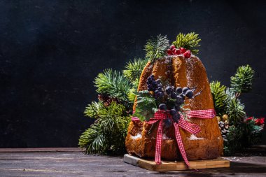 Geleneksel İtalyan Noel meyveli pastası Panettone Pandoro. Kırmızı kurdeleli ve Noel süslemeli. Koyu ahşap arka planda.