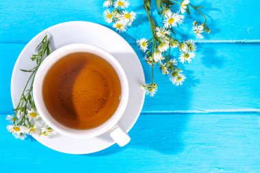 Bitkisel organik papatya çayı ve taze vahşi yaz papatya çiçekleri, beyaz fincanda, çaydanlık kopyasıyla birlikte.