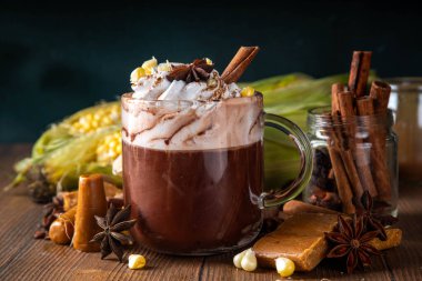 Meksika Champurrado 'su, atole de kakao. Mısır, çikolatalı sıcak baharatlı ve tarçınlı içecek. Geleneksel Latin Amerika İçeceği, Dia de Muertos, Cinco de Mayo, Noel yemeği