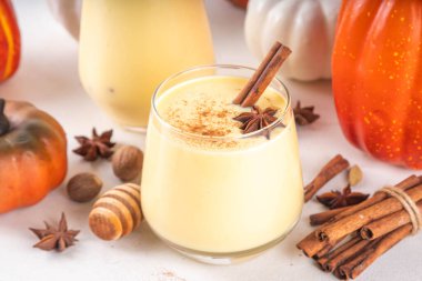 Sonbahar içkisi, balkabağı baharatlı eggnog kokteyli, bal, tarçın çubukları ve anason yıldızları, lezzetli tatlı mevsimi içeceği 