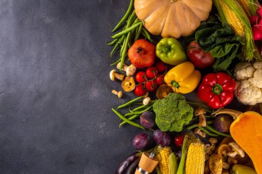 Sonbahar sebze hazırlama akşam yemeği geçmişi. Organik taze sebzeler, balkabağı, mısır, meyve, mantar, salata yaprakları, yeşillik, fotokopi alanı ile pişirmek için gerekli malzemeler..