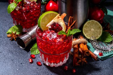 Spicy autumn pomegranate cocktail. Alcohol warming gin drink with pomegranate, lime, cinnamon, mint, autumn winter sangria on dark background copy space