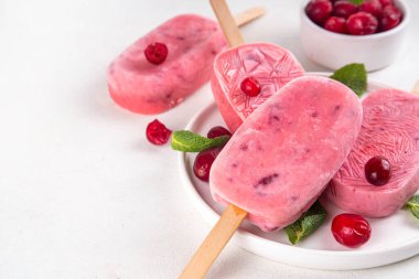 Yabanmersinli dondurma, dondurulmuş kremalı dondurma yoğurt ve böğürtlenli lolipoplar, beyaz tabakta, taze yaban mersinli ve nane yapraklı. 