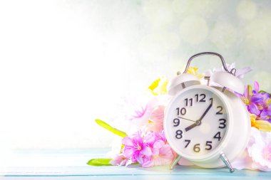 Spring Time Change concept. Summer back concept. Vintage alarm Clock with fresh, beautiful spring flower on sun lighted background banner background copy space