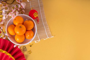 Kopya alanı olan Çin Yeni Yıl temalı arka plan. Kırmızı fanlar, altın sikkeler, mandallar, kiraz çiçekleri, bayram altın dalları, dekorlar, dilek zarfları. Altın arka planda altın ejder 