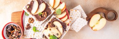 Charoset matzah sweet dessert sandwiches, fruit Hillel Sandwich with chocolate nut cream, apple, cinnamon, nuts. Food ideas and recipes for Jewish holiday Pesach and Passover Seder clipart