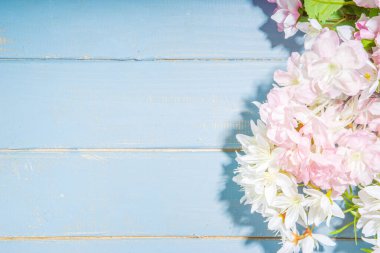 Merhaba bahar konsepti. Bahar tatili tebrik kartı suni çiçekli sade yassı arka plan açık mavi ahşap bahçe masası arkaplan çerçeve fotokopi alanı üst görünüm