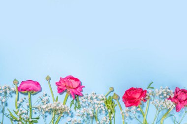 Bir buket güzel ranunculus çiçeğiyle basit bir bahar tatili tebrik kartı geçmişi. Tatil hediyesi, doğum günü, düğün, anneler günü, sevgililer günü, kadınlar günü. Çiçek düzenlemesi