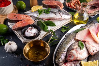 Çeşitli çiğ balıklar ve deniz ürünleri. Taze balık, karides, midye, havyar çeşitleri düzlük, balık satışı ve pazar şablonu, 