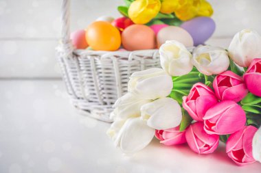 Paskalya yumurtaları ve bahar lale çiçekleriyle dolu bir sepet. Bahar Paskalya Bayramı tebrik kartı, metin için davet arkaplan kopyalama alanı