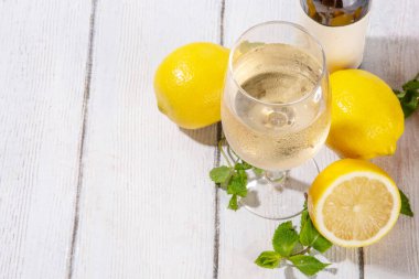 Dilimlenmiş limon ve nane aromalı nefis narenciye şarabıyla limon şarabı ve şişe. 