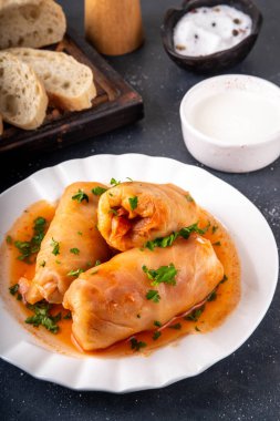 Sıcak kış yemekleri, dengeli Doğu Avrupa yemek tarifi fikirleri, lahana ruloları, dolma lahana yaprakları, et ve sebze dolgulu golubtsi.