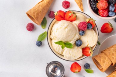 Vanilyalı dondurma kasesi ve taze böğürtlen. Klasik vanilyalı dondurma, çilek, ahududu, böğürtlen, böğürtlen ve kremalı dondurma.