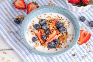 Ev yapımı tatlı kahvaltı, Granola ve böğürtlenli Yunan yoğurt kasesi