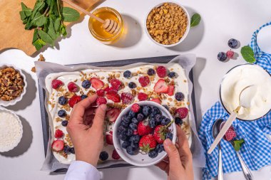 Pişirme, Yunan yoğurdu, taze böğürtlen, granola, bal, çikolata sosu ve fırın tepsisi ile donmuş yoğurt kabuğu arkaplanı. Kadın ellerinin manzarası donmuş yoğurt çubukları pişiriyor.