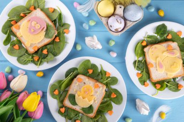 Çocukların kahvaltısı için yaratıcı ev yapımı Paskalya sandviçleri. Paskalya sembolleri şeklinde komik sandviçler - koyun, tavuk, tavşan, kızarmış ekmek, peynir, sosis, ıspanak ve havuçtan yapılır.