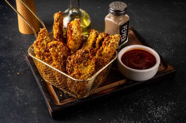 Lezzetli, taze pişmiş tavuk nugget ya da şeritli, altın mısır ekmekli, daha az yağda kızartılmış. Ev yapımı dengeli diyet fast food alternatifi