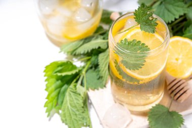 Isırgan Çayı soğuk bitki içeceği, buzlu çay ya da limonata. Organik doğal bitkisel çay kafeinsiz, organik çiğ ısırgan otu yapraklarıyla yapılır. Alternatif bitkisel ilaç. Isırgan otu, urtica.