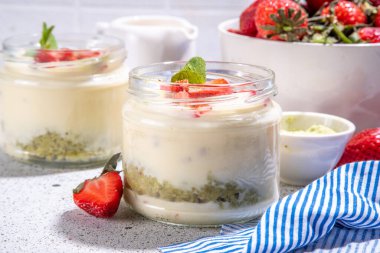 Sweet matcha strawberry dessert. Breakfast layered parfait dessert with yogurt, matcha green tea sponge biscuit and fresh strawberry, white background copy space
