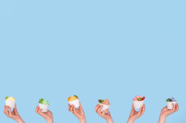 Donmuş yoğurt çeşitleri. Çikolatalı, vanilyalı, böğürtlenli, meyveli dondurma. İçinde yaban mersini, çikolata, çilek, portakal, limon, nane...