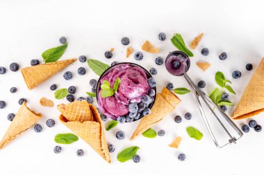 Yaban mersini zengini kremalı şerbet, taze böğürtlenli lezzetli yaban mersini dondurması, nane yaprağı ve beyaz masa fotokopi alanı üzerinde dondurmalı waffle konileri.
