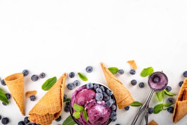 Yaban mersini zengini kremalı şerbet, taze böğürtlenli lezzetli yaban mersini dondurması, nane yaprağı ve beyaz masa fotokopi alanı üzerinde dondurmalı waffle konileri.