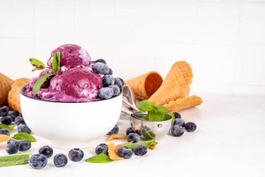 Yaban mersini zengini kremalı şerbet, taze böğürtlenli lezzetli yaban mersini dondurması, nane yaprağı ve beyaz masa fotokopi alanı üzerinde dondurmalı waffle konileri.