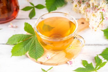 Organik doğal kestane yaprakları ve çiçek çayı. Sıcak alternatif kafeinsiz bitkisel içecek, lezzetli sağlıklı içecek, beyaz ahşap arka planda fotokopi alanı.