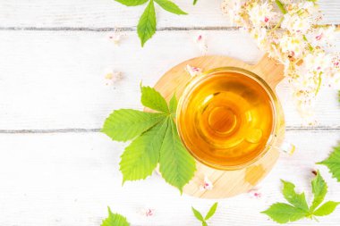 Organik doğal kestane yaprakları ve çiçek çayı. Sıcak alternatif kafeinsiz bitkisel içecek, lezzetli sağlıklı içecek, beyaz ahşap arka planda fotokopi alanı.