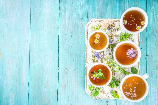 Farklı bitkisel çay seti. Çeşitli fincanlar, organik bitki çayı, papatya çayı, hindiba, nane şekeri, lavanta. Organik doğal içecek konsepti. Sağlık ve dokunulmazlık içecekleri