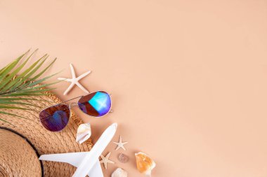 Yaz tatili ve hasır şapkalı, çantalı, terlikli, palmiye yapraklı, güneş gözlüklü, kameralı, deniz kabuklu ve okyanus yıldızlı tatil geçmişi. Plaj ve tropikal yaz tatili arka planı, üst görünüm kopyalama alanı