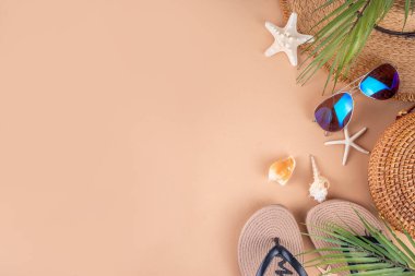 Yaz tatili ve hasır şapkalı, çantalı, terlikli, palmiye yapraklı, güneş gözlüklü, kameralı, deniz kabuklu ve okyanus yıldızlı tatil geçmişi. Plaj ve tropikal yaz tatili arka planı, üst görünüm kopyalama alanı