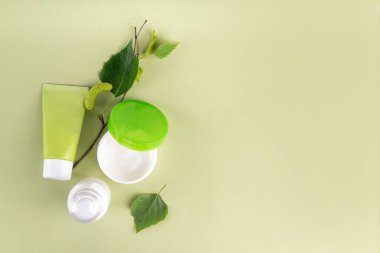 Birch Juice dondurması, Nemlendirici ve bitkisel organik yüz kozmetiği temizleyici jel seti. Huş ağacı özlü doğal cilt bakımı, farklı kozmetik ürünlerinde açık yeşil arka planda sahte kavanozlar.