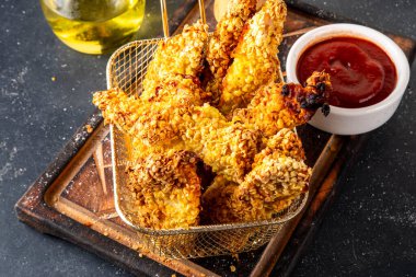 Lezzetli, taze pişmiş tavuk nugget ya da şeritli, altın mısır ekmekli, daha az yağda kızartılmış. Ev yapımı dengeli diyet fast food alternatifi