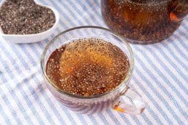 Chia tohumu çayı, modaya uygun sağlıklı chia içeceği, alternatif doğal enerji kaynağı, diyet zayıflama içeceği, çaydanlık ve çay fincanı, kopyalama alanı