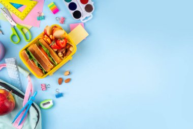 Okula dönelim. Sağlıklı okul yemekleri, çocuklar beslenme çantasına meyve, böğürtlen, fındık ve sebzeli sandviç koydu. Çocukların diyet yemekleri, eğitim okulu malzemeleri, parlak mavi arka plan manzarası.