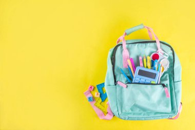 Okulun çeşitli okul gereçleri, öğrenciler ve okul çocukları için eğitim aksesuarları, defterler, kalemler, kalemler, hesap makinesi, kalem kutusu, sırt çantası, kulaklık içeren renkli geçmişine geri dön