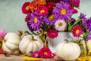 Ahşap masa arkasında çiçekler ve balkabakları. Renkli kasımpatı buketi, beyaz balkabaklı şakayıklar, sonbahar şükran günü arka plan fotokopi alanı.