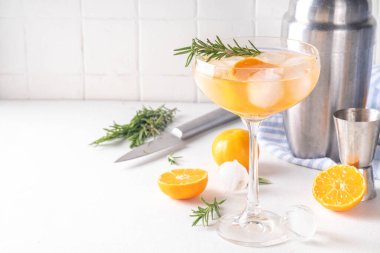 Mandalina Gin-tini kokteyli, buzlu alkollü kış içeceği cin, taze portakal mandalini (mandalina) ve biberiye filizi, beyaz masa arkaplan fotokopi alanı üzerinde.
