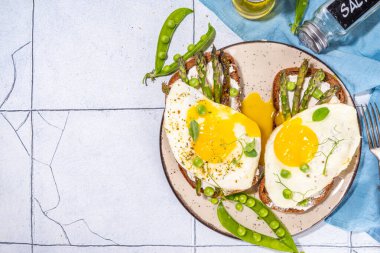 Lezzetli kahvaltı sandviçleri, krem peynirli tost ekmeği, kuşkonmaz ve kızarmış yumurta, yeşil bezelye, zeytinyağı ve baharat, üst görünüm kopyalama alanı.