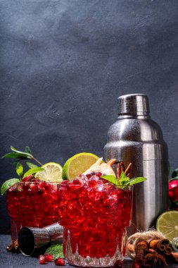 Spicy autumn pomegranate cocktail. Alcohol warming gin drink with pomegranate, lime, cinnamon, mint, autumn winter sangria on dark background copy space