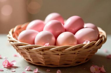 Bir sepette pembe paskalya yumurtaları, dini bayram paskalyası, pencerenin kenarındaki pencere pervazında duruyor. Yüksek kalite fotoğraf